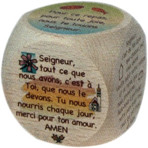 Dé en bois , 6 prières du repas 6 cm