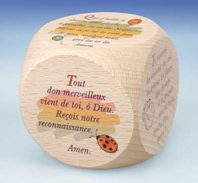 Dé en bois, 6 prières enfants 6 cm