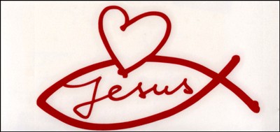 Autocollant : rouge Ichtus-Jesus-Coeur 8.5 cm