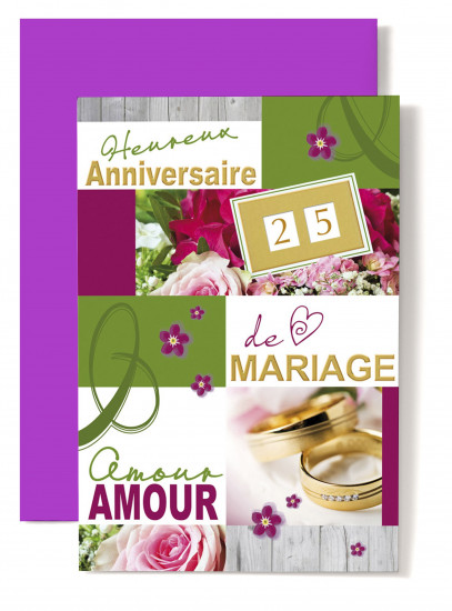 Carte double Anniversaire De Mariage Alliance avec pierres, roses roses