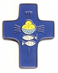 Croix céramique pains, poissons bleu foncé