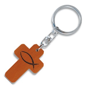 Porte-clés croix en bois Ichtus.
