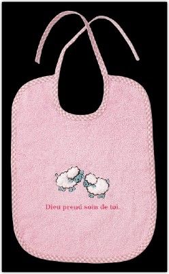 Bavoir en éponge rose moutons brodés Dieu prend.....