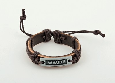 Bracelet cuir brun, plaque métal WWJD
