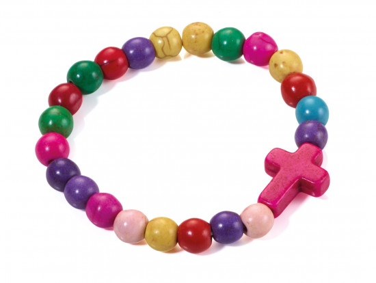 Bracelet perles multicolores et croix rose