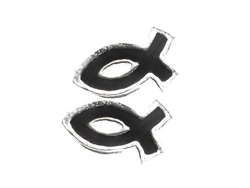 Boucles d'oreille:  Ichtus en argent sterling et émail noir.