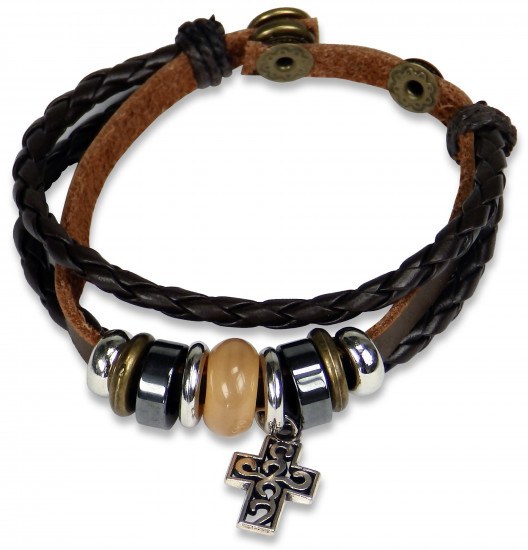 Bracelet cuir en avec perles et croix métal