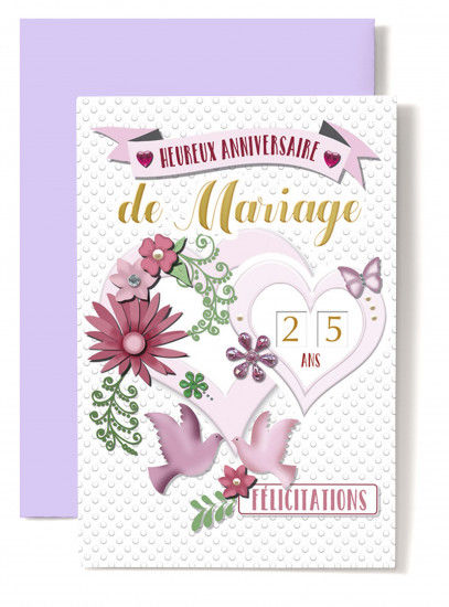 Carte double Anniversaire De Mariage Papillon, coeur, colombes.